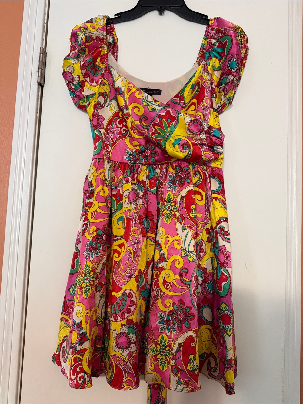 Betsey Johnson Pink & Yellow Floral Paisley Puff-Sleeve Dress
